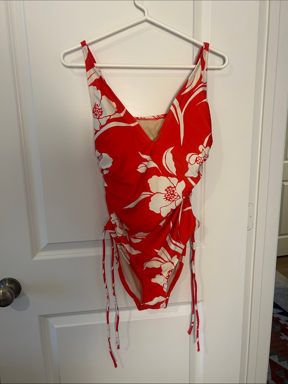 Kona Sol Red and White Floral One-Piece Swimsuit
